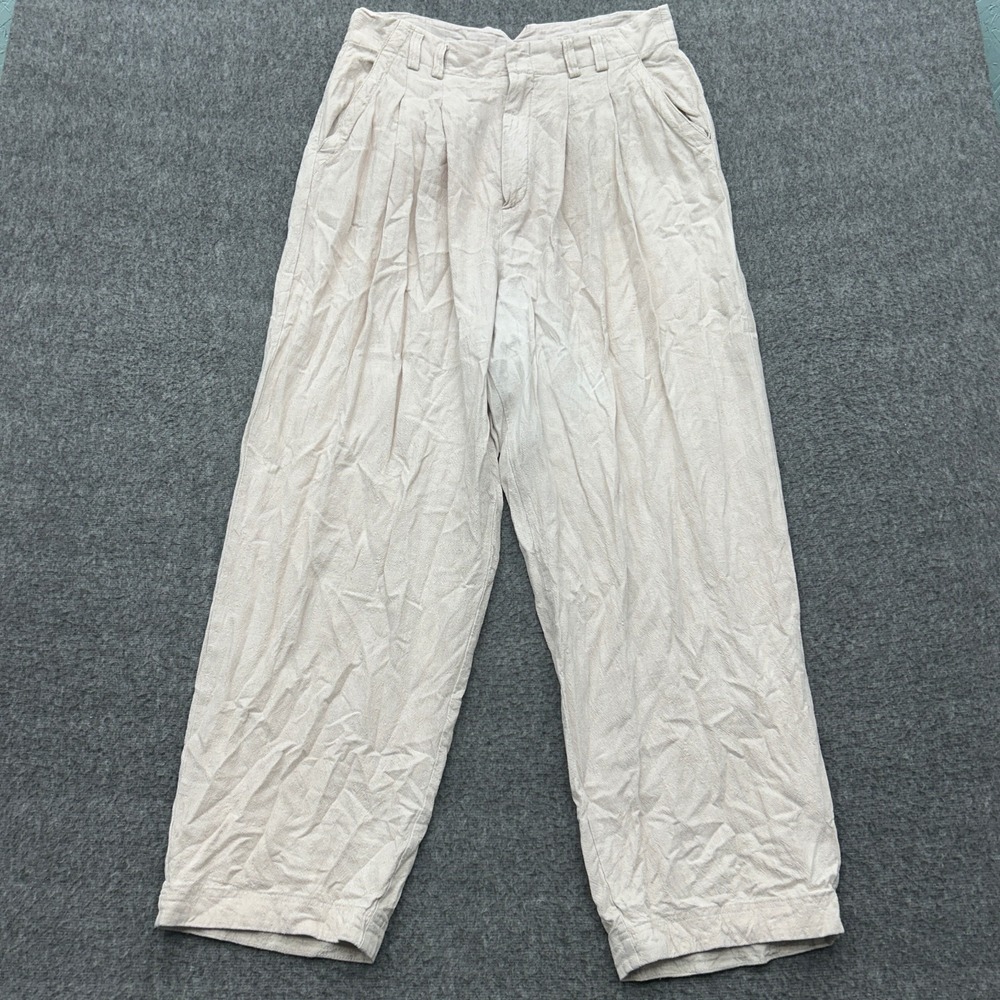 Free People Lotta Love Linen Blend Trousers Pleated Wide Leg 12 Beige READ
